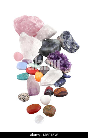 composition of various crystals on white background. Various as kinds, shapes, sizes, and processes. studio light Stock Photo