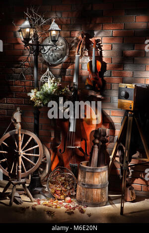 Still life with old double bass in country style Stock Photo
