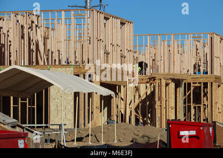 Several new two-story homes under construction, just framed, with skeletal walls built of 2 x 4 lumber; blue sky, red dumpster, shade, on sunny day. Stock Photo