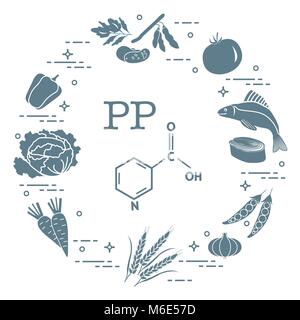 Foods rich in vitamin PP. Beans, fish, tomato, soya beans, peas, garlic, wheat, carrots, cabbage, pepper. Stock Vector