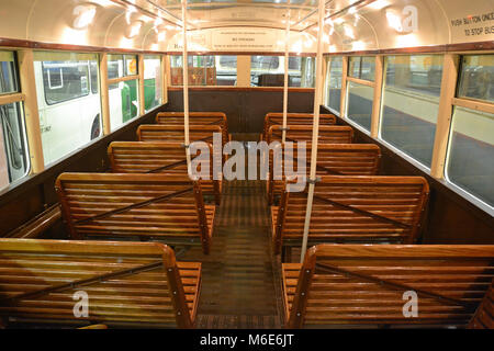 Inside 1960s bus no. 5 at Ipswich Transport Museum, Suffolk, England Stock Photo
