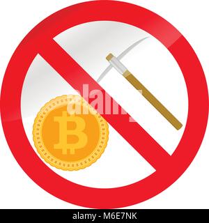Prohibition icon mining bitcoin. Stop mining and ban btc with pick-axe, vector illustration Stock Vector