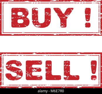 Buy and sell rubber stamp texture. Vector buy and sell seal red, illustration of consumerism, stimulation and consumption Stock Vector