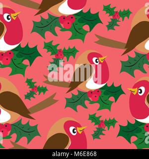 Robons in holly tree vector seemless pattern on red Stock Vector