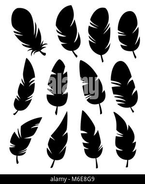 Feathers of different shapes vector set in a flat style. Icons feathers isolated on a white background. Collection of silhouettes of black feathers Stock Vector