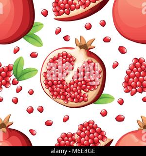 Seamless pattern of pomegranate and fresh seeds of pomegranates. Vector illustration of opened pomegranate. Vector illustration for decorative poster, emblem natural product, farmers market Stock Vector