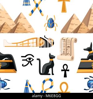 Seamless pattern of ancient Egyptian symbols and decoration. Egypt flat icons vector illustration on white background. Web site page and mobile app design Stock Vector