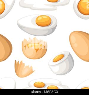 Seamless pattern of Chicken Eggs. Roasted, boiled, raw, sliced, cracked egg vector set. Isolated on white background Stock Vector