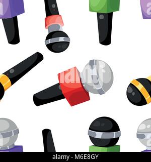 Seamless pattern of different colors microphones. Microphone for TV interview, journalism, news maker. Vector illustration on white background. Web site page design Stock Vector