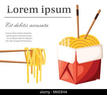 Chinese restaurant take away concept. Red food box with noodles and sticks. Vector illustration with place for your text isolated on white background. Web site page and mobile app design Stock Vector