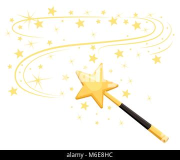 Decorative magic wand with a magic trace. Star shape magic accessory. Magical girl cartoon power. Vector illustration isolated on white background. Web site page and mobile app design Stock Vector