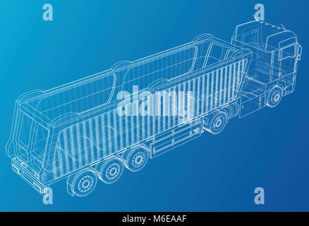 Truck tipper trailer vector mock-up for advertising. Created illustration of 3d. Wire-frame. Stock Vector