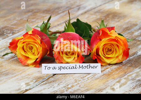 To a Special Mother card with three colorful roses on rustic wooden surface Stock Photo