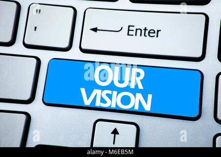 Handwriting Announcement text showing Our Vision. Business concept for Marketing Strategy Vision written on red key the keybord background. Stock Photo