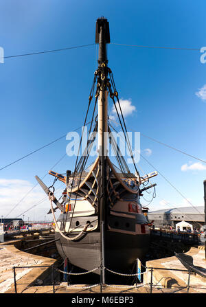 Bow of HMS Victory at the historic dockyards in Portsmouth. UK. The Victory was Admiral Horatio Nelson's flagship at the Battle of Trafalgar, in 1805. (95) Stock Photo