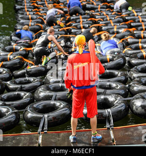 Crawling obstacles at Action run 2017 obstacle race run in the city of Norrköping, Sweden in September 2017 Stock Photo