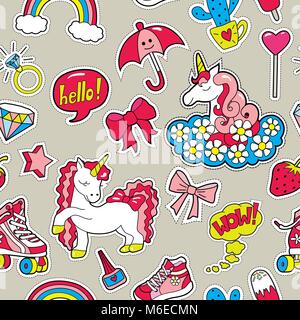 Seamless pattern with patches for girl's interests . Vector back Stock Vector