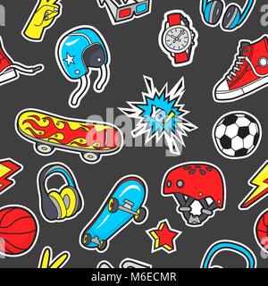Seamless pattern with patches for boy's interests . Vector backg Stock Vector