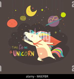 Magic cute unicorn in cartoon style Stock Vector