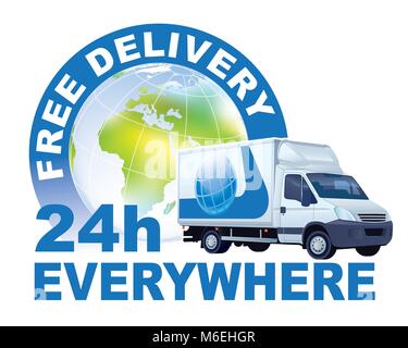 Free delivery sign. White delivery truck in front of large world globe. Stock Vector
