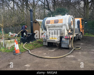 A service engineer from the composting toilet maintenance company ETS pumps out a waterless toilet at East Finchley allotments. Stock Photo