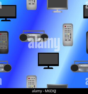 Seamless texture of tape recorder, TV and remote control. Stock Vector