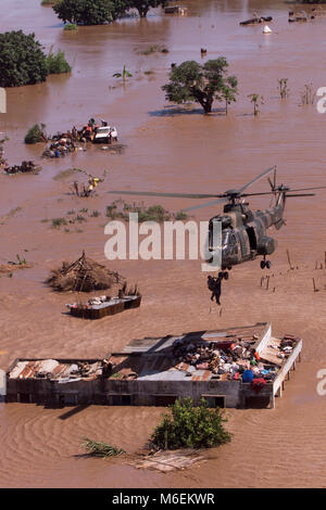 Floods in Mozambique, March 2000; A South African Air Force helicopter rescues stranded people from rooftops near Chibuto, Gaza Province. Stock Photo