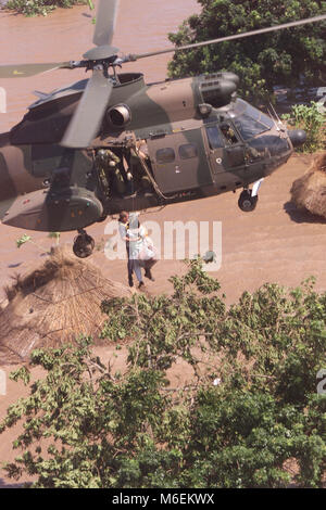 Floods in Mozambique, March 2000; A South African Air Force helicopter rescues stranded people from rooftops near Chibuto, Gaza Province. Stock Photo