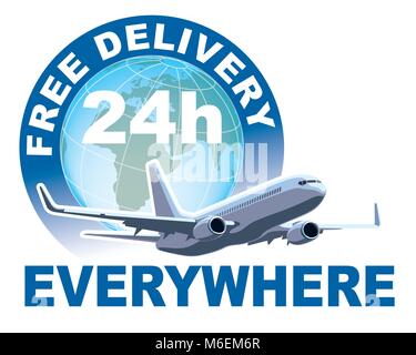 Free delivery sign. White commercial airplane in front of large world globe. Stock Vector
