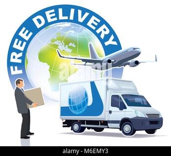 Free delivery sign. A businessman, a commercial airplane and a delivery truck in front of the large world globe. Stock Vector