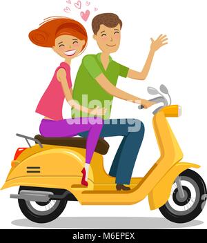 Happy couple riding moped or scooter. Travel, journey concept. Cartoon vector illustration Stock Vector