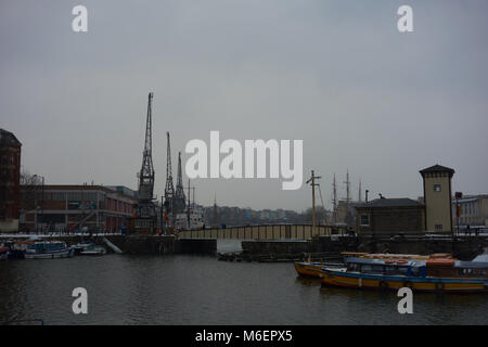 View of the Prince Street Swing Bridge, Bristol, in snow from Storm Emma Stock Photo