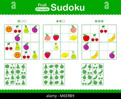 Childrens sudoku puzzle with smiley cartoon fruit in a grid with empty squares and a silhouette answer below, three levels - easy, medium and hard sui Stock Vector