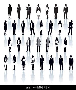 Large set of black and white silhouettes with shadows. Businesspeople: men and women. Stock Vector