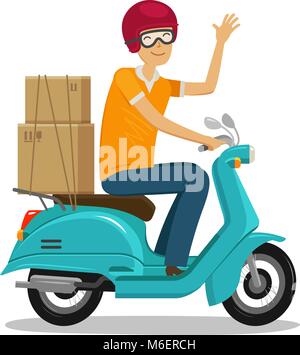 Express delivery, fast shipment concept. Happy courier rides scooter or moped. Cartoon vector illustration Stock Vector