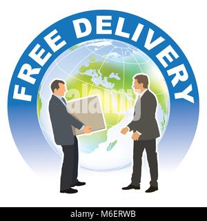 Free delivery sign. Meeting of two businesspeople in front of the large world globe. Stock Vector