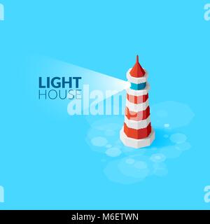 Flat isometric red lighthouse icon on blue sea Stock Vector