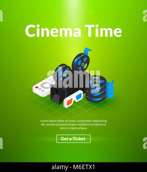 Cinema time poster of isometric color design Stock Vector