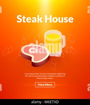 Steak house poster of isometric color design Stock Vector