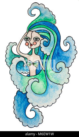 Watercolor pensil illustration of zodiac sign. Aquarius girl with colorful hair. Isolated on white background. Stock Photo