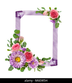 Purple asters and pink rose flowers with eucalyptus leaves in a corner arrangements with ribbon frame isolated on white background. Flat lay. Top view Stock Photo