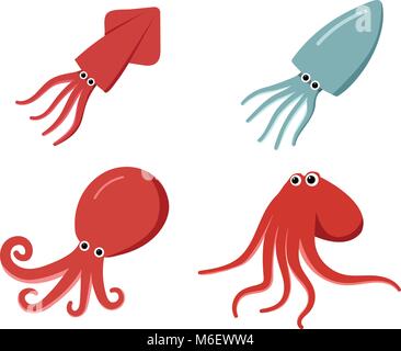 Squid, octopus and cuttlefish in flat, vector art Stock Vector