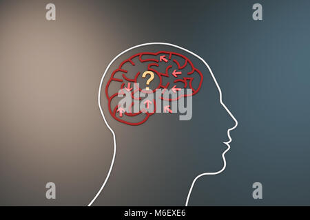 Brain with maze, chaotic arrows, thinking confusion Stock Photo