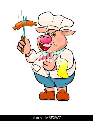 The cook prepares delicious barbecue sausages. A cartoon pig holds a barbecue sausage in his hand. A cartoon pig cook with sausage in his hand. Stock Vector