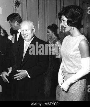 Mrs Jacqueline Kennedy, wife of the U S President John F Kennedy, and Soviet Premier Nikita Khrushchev enjoy a laugh at Schoenbrunn Palace, Vienna, Austria, 06/03/1961. Stock Photo