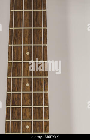 Ukulele neck and strings on white background Stock Photo
