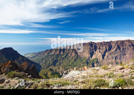 View over the rough rock walls of the Caldera de Taburiente from Pico de la Nieve in La Palma, Spain. Stock Photo