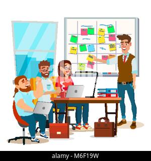 Business Characters Scrum Team Work Vector. Office Tasks Process. Scrum Planning Board. Whiteboard And Process Teamwork. Programming And Planning. Scheme Methodology. Flat Cartoon Illustration Stock Vector