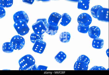 Set of random blue game dices threw in the air isolated on white background Stock Photo
