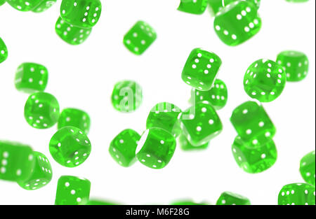 Set of random green game dices threw in the air isolated on white background Stock Photo